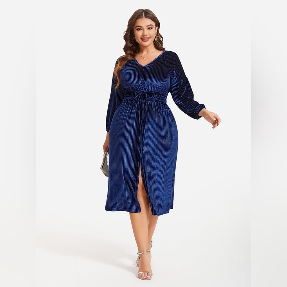Drawstring Waist Split Velvet Midi Dress